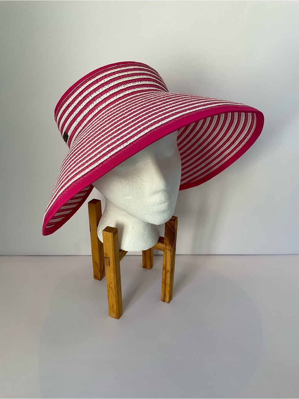 Sun ‘N’ Sand Headwear Wide Brim Pink & White Striped Straw Visor Sunhat